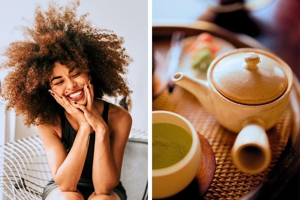 Glückliche Frau grüner Tee - bessere Stimmung, Gesundheit und Wohlbefinden durch Grüntee

