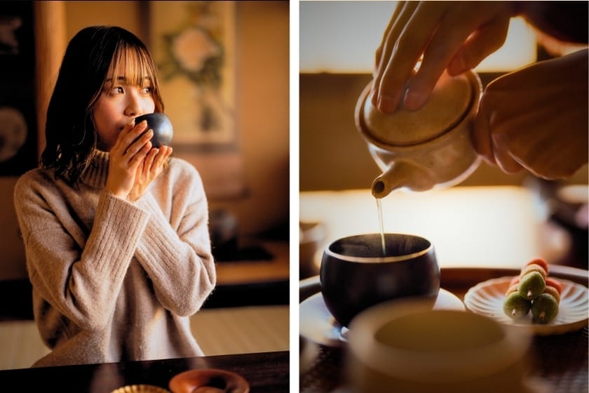 Junge Frau genießt warmen grünen Tee mit natürlichem Koffeingehalt in gemütlicher Atmosphäre